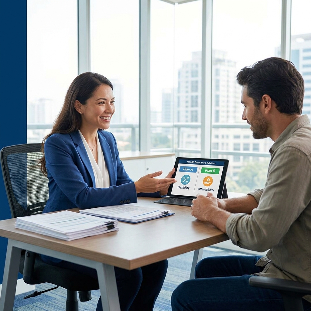 Health insurance advisor helping a customer choose a personalized coverage plan