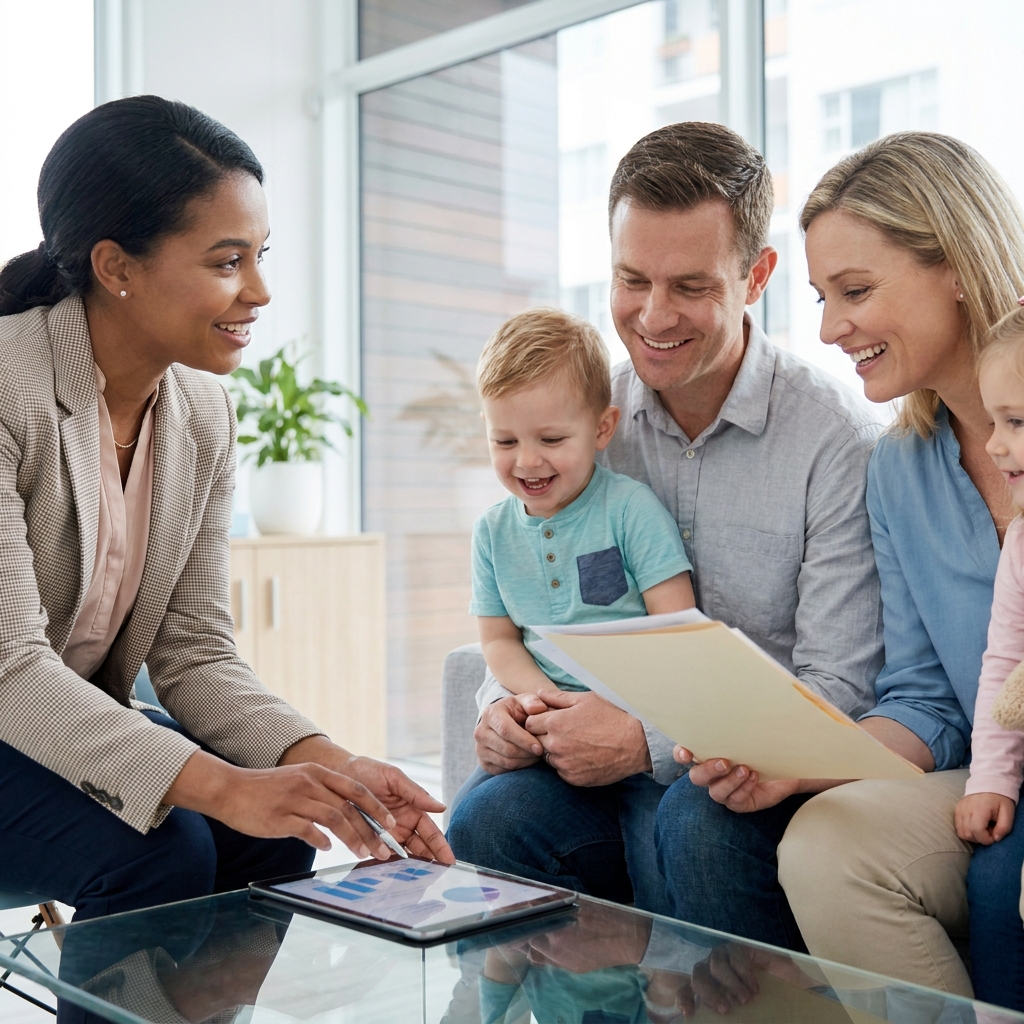 Family discussing personalized health insurance plans with an insurance advisor