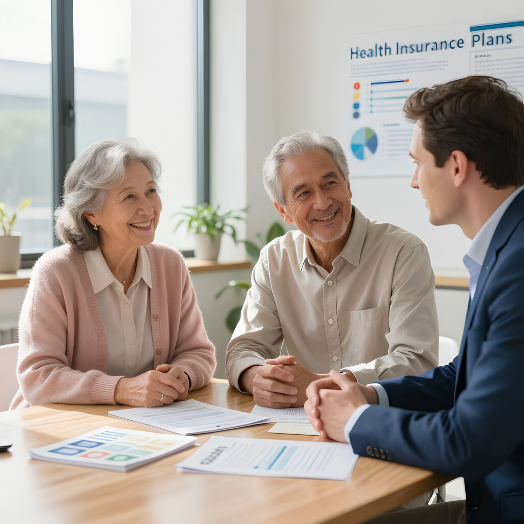 Senior couple discussing Medicare and health insurance coverage with an advisor