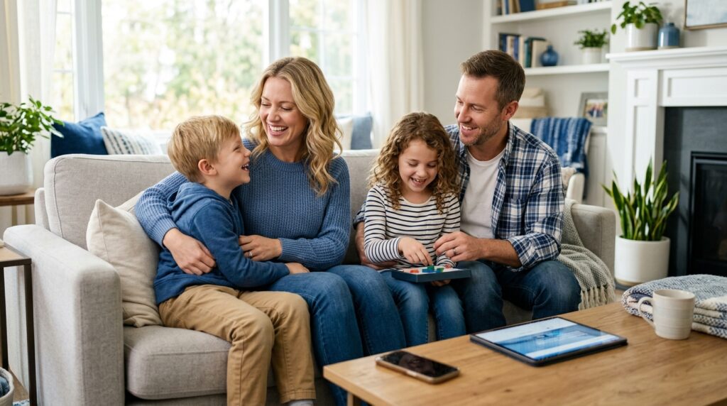 Happy white American family exploring affordable health insurance coverage together